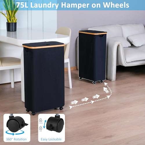 Image of efluky Slim Laundry Basket with Wheels, Narrow Rolling Laundry Hamper with Lid and Removable Bag, Aesthetic Dirty Clothes Hamper on Wheels for Laundry Room, Bedroom, Dorm and Bathroom, 75L Dark Black