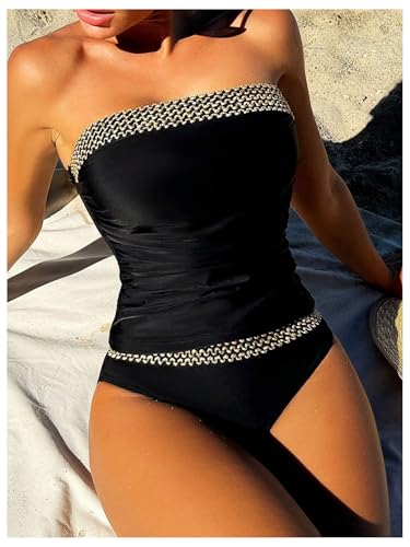 COZYEASE Women's 2 Piece Woven Splice Tankini Swimsuits Ruched Strapless Bandeau Bathing Suit Beachwear3