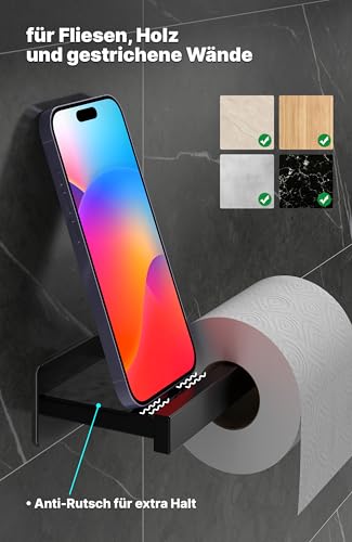Menz Toilettenpapierhalter Ohne Bohren Schwarz, Klopapierhalter Wasserdicht Mit Stilvoller Ablage Für Handy, Schlüssel & Duftkerzen, Rostfreier Klorollenhalter, Perfekte Wahl Für Toilette & Badezimmer