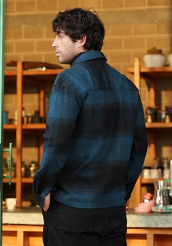 Image of CAHOOT Men's Vignette Checkered Oversized Shirt | Spread Collar, Long Single Button Cuff Sleeves | Button, Straight Hem | Woven Fabric for Casual Navy Blue:Midnight Black