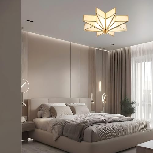 Image of LIGHTLAND 19.7 Inch Flush Mount Star Ceiling Light, 4 Lights Brass Ceiling Lamp with Glass Lampshade, Art Deco Close to Ceiling Light Fixtures for Bedroom Living Room Entryway Hallway, Gold