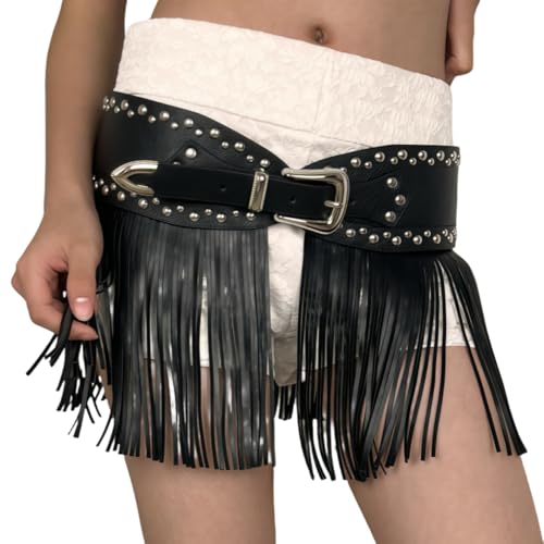 Women's Punk Style Long Fringe Belt – Black Elastic Waist Skirt with Studded Tassel Detail, Gothic Boho Western Cowgirl2