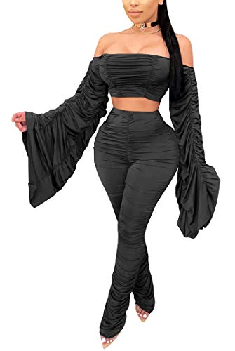 Aro Lora Womens 2 Piece Jumpsuit Ruched Off Shoulder Flare Sleeve Crop Top Ruffle Pant Set Romper Outfit Small Black