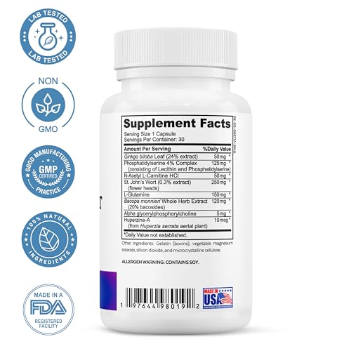 Brain Support Complex - Advanced Brain Health Supplement Nootropic with Ginkgo Biloba, Bacopa Monnieri, Phosphatidylserine, Huperzine-A, St. John's Wort - 30 Ct Memory, Focus, and Mood Supplements - Image 5