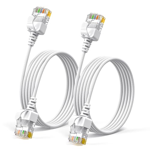 JUXINICE 2Pack Braided Cat6a Ethernet Cable-White,Ultra Slim Cat6 Ethernet Patch Cable 20FT, Right Angle Ethernet Cable Thin RJ45 Network Cable,Backward Compatible with Cat6/Cat 5e/Cat5