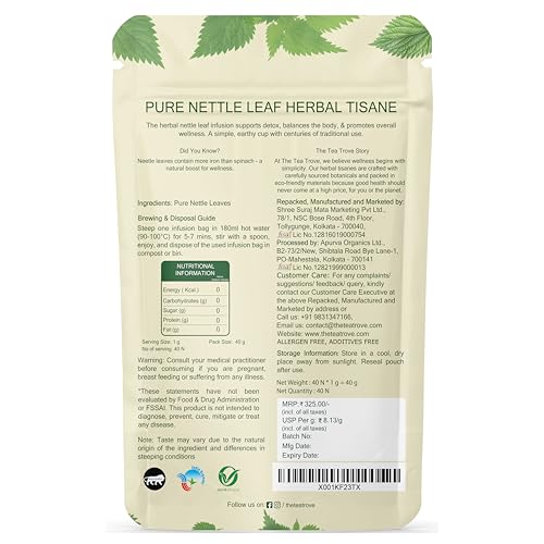 Image of the tea trove Organic Nettle Leaf Tea Bags - 40 Eco-Friendly Stinging Nettle Tea Bags In Resealable Pouch For Everyday Wellness, Caffeine Free | Pack Of 1, 40 grams