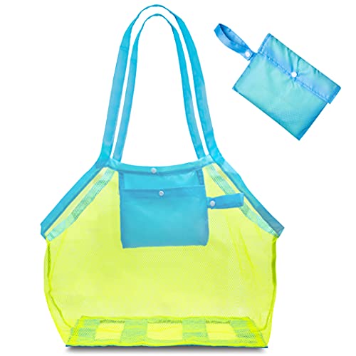 FoxPrint Mesh Beach Bags and Totes for Groceries, Shopping, Summer Pool Toys, Reinforced Carry Handles, Sand Resistant Net, Quick Snap Closure and Front Pocket, Yellow