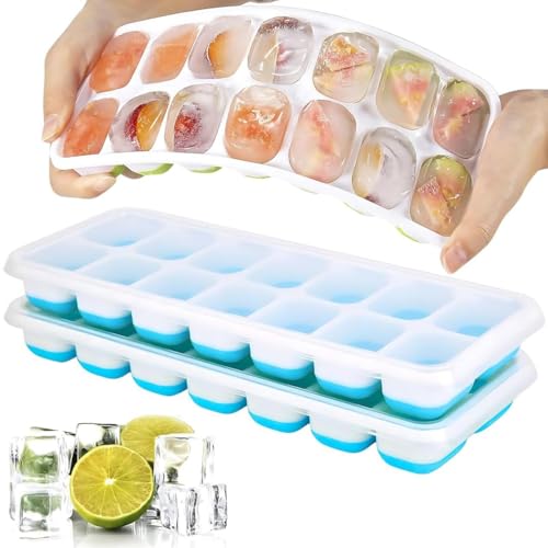 Image of ice Cube Tray with Lid - BPA Free Flexible Silicone Ice Maker Mold, Easy-Release 14-Cavity Ice Cube Trays for Freezer (Set of 2 -Blue)