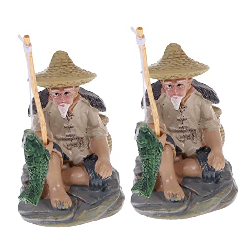 OSOLADY 2pcs Old Fisherman Ornaments Aquarium Decorations Pond Decor Indoor Fisherman Ornaments Fish Tank Sand Outdoor Fisherman Garden Ornament Beach Decorations Fishing Small Resin Brown