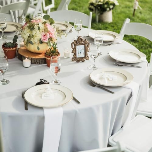DAKKIONY 2 Pack Round Tablecloth White 120 Inch, Stain Resistant and Wrinkle Polyester Fabric, Washable Table Cover for Kitchen Dining, Wedding, Buffet Table, Holiday Party by DAKKIONY - Used condition - Image 2