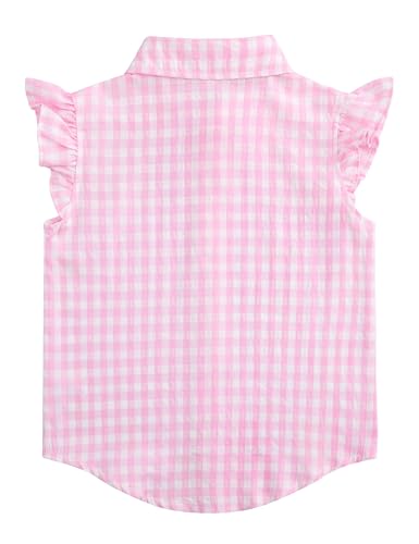 Image of Girls Sleeveless Plaid Button Down Shirt Summer Crop Tops Tie Knot Ruffle Sleeve Shirt Blouse 3-12Y
