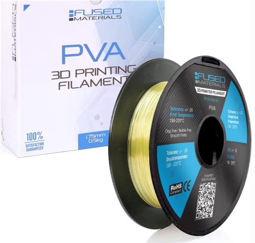 Fused Materials PVA Filament 1.75mm Water-Soluble Support Material for 3D Printing Compatible with Bambu Lab Polymaker Overture and More Works with PLA PETG Nylon ABS Clear & Transparent