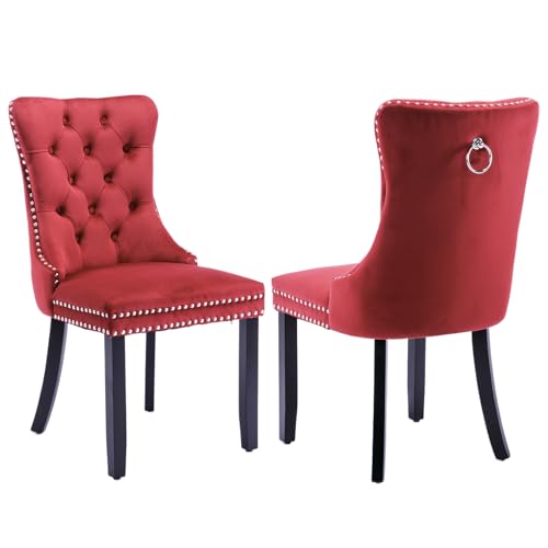 SoarFlash Ensemble de 2 Chaises de Salle à Manger en Velours, avec Dossier à Ailes tapissé, piquetage à Boutons, Garniture rivetée, Anneau décoratif de...