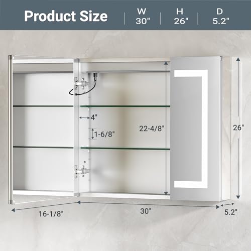 Tifullhome TFGBE100162-3 Medicine Cabinet With Lights 30X26 Inch thumb #1
