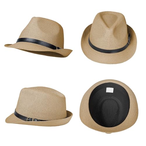 Image of Straw Trilby Fedora Hat for Men Women 1920s Panama Hat Short Brim Summer Beach Sun Hat with Band