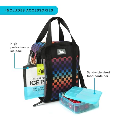 Image of Arctic Zone Urban Kids Lunch Box Combo with Ice Pack and Strap, Checkered | Kids lunch box with reusable gel ice pack and sandwich container, 2 compartment insulated cooler for school or travel lunch