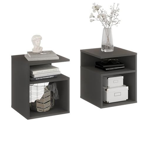 KOMTO Nachttisch 2er Set Antrazit – Nachtschrank, Beistelltisch mit 2 offene Fächer, Nachtischschränke für Schlafzimmer, Wohnzimmer | Bedside...
