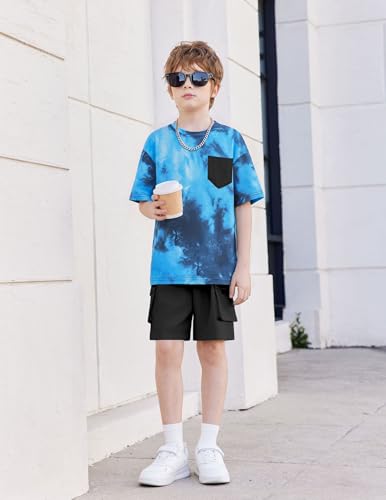 Image of Arshiner Boys' 2-Piece Cotton Outfit Short Sleeve Crewneck T-Shirt & Cargo Shorts Set Summer Casual Clothes for Kids 5-13