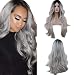 Rossy&Nancy Halloween Two Tones Cheap Synthetic Long Nature Wave Heat Resistant None Lace Wig Middle Part Ombre Black Rooted Silver Gray 130% High Density for Women