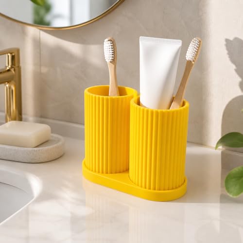 Image of Tooth Brush Holder Bathroom, Brush Holder for Bathroom Organizer, Toothbrush Holder Stand, Brush Stand, Comb Holder, Hostel Essentials for Girls College, Toothpaste Holder (Yellow)