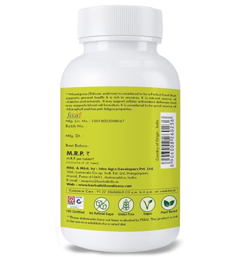 Image of Herbal Hills Wheatgrass Tablets | 60 Tablets | | Natural Antioxidant & Immunity Booster | Supplement | For Energy, Detox & Alkaline Balance | With Pure Wheatgrass Powder