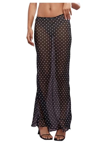 Verdusa Women's Polka Dots Mesh Sheer Skirt Low Waist Maxi Skirts Black Large