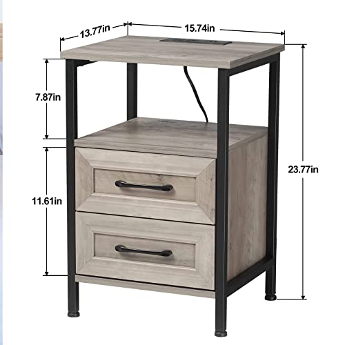 Hoseoka Grey Nightstand With Charging Station And Rgb Lights, Night Stand Rustic End Table With 2 Drawers With Usb Ports And Outlets Bedside Tables For Living Room Bedroom Office #TOP2