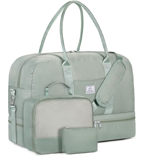 Image of Weekender Bag for Women, Large Overnight Bag Canvas Travel Duffel Bag Carry On Tote with Shoe Compartment 21 inch 3Pcs Set, D04-green, Large, Travel