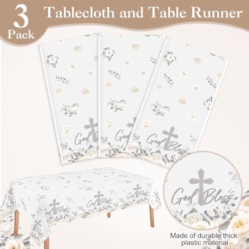 Image of Ganeen 3 Pcs God Bless Baptism Tablecloth, First Communion Decorations White Silver Disposable Plastic Religious Table Covers Waterproof for Christening Baby Showers Baptism Decor, 54 x 108 Inch