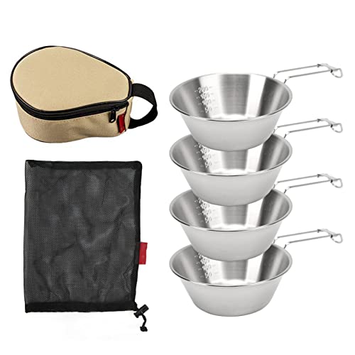 BORDSTRACT Sierra Cup Camping, 4Pcs Stainless Steel Cookware Set with Anti Hot Handle and Storage Case for Hiking, Travel, Picnic, Heatable Soup Cup, Traditional Korean Tableware Bowl Outdoor Cooking