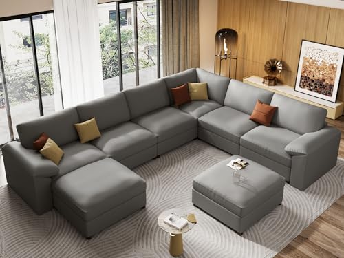 Image of EASE MOOSE Faux Leather Sectional Couch, Oversized Modular Sofa, Modern Comfy Modular Couch, Scratch Resistant Material Sofas, U Shaped Couch for Big Spaces, Grey