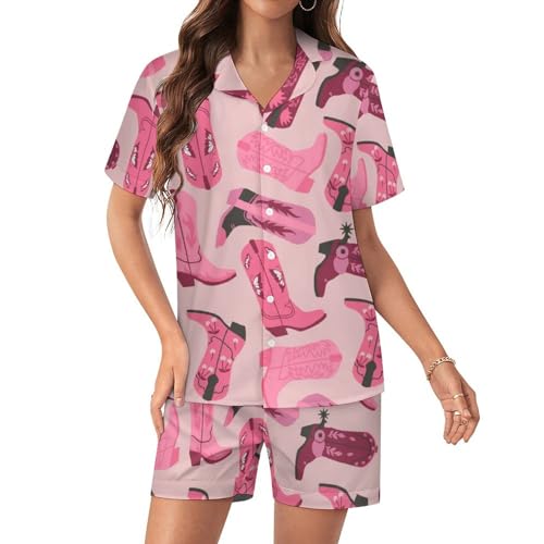 MEIKKO Pajama Sets for Womens Cowboy Cowgirl Boots Satin Silk Short Sleeve Shirts And Pants Set