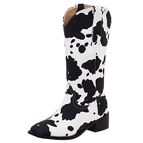 Image of Cozivwaiy Women Mid Calf Cowboy Boots Chunky Heel Half Boot Cow Print Western Boots Plus size (US 4-12.5)