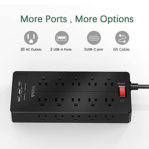 Power Strip 23 In 1, 20 Outlets Surge Protector Wall Mount With 2 Usb Ports + 1 Usb C Port 3.1A Total, Multi Plug Extension Cord 6Ft Heavy Duty, Usb Charging Station For Multiple Devices, Home, Office #TOP6