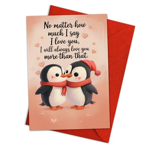 Podagree I Love You More Than That Penguin Valentine’s Day Card for Husband or Wife from Partner, Cute Animal Love Design, Sweet Greeting Card 8x5.3 Inch With Envelope