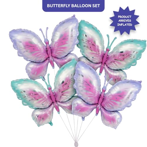 Image of Wanna Party Butterfly Balloons - 4 PCS Pink Purple & Blue Mylar Foil Balloons for Girls Women's Butterfly Theme Party Wedding Birthday Baby Shower Decoration