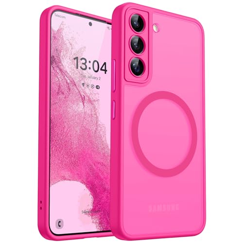 Image of CANSHN Designed for Samsung Galaxy S22 Case [Full Camera Protection] [Compatible with MagSafe] Translucent Matte Shockproof Protective Phone Cover 6.1 Inch - Hot Pink