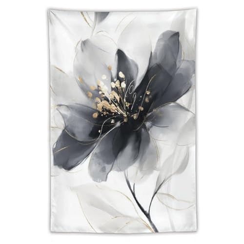 Tapisserie esthetique fleur noire et blanche style raffine et touches dorees