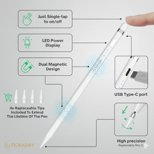 Image of Stylus Pen for iPad | iPad Pencil 360 Tilt Sensitivity, Fast Charging & Palm Rejection for iPad Air 3 /4 /5 /M2 /M3 /M4 Mini 5 /6 /7, Pro 1 /2 /3 /4 /5 /6, iPad 6 /7 /8 /9 /10 /11 from 2018 Onwards, White