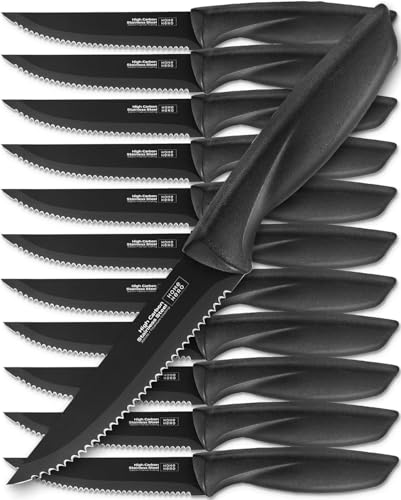 Home Hero Steakmesser Set mit 12 Stück – Klingen aus kohlenstoffreichem Edelstahl – rasiermesserscharfe gezackte Messer – schwarze ergonomische Griffe – 12 Stück, schwarz