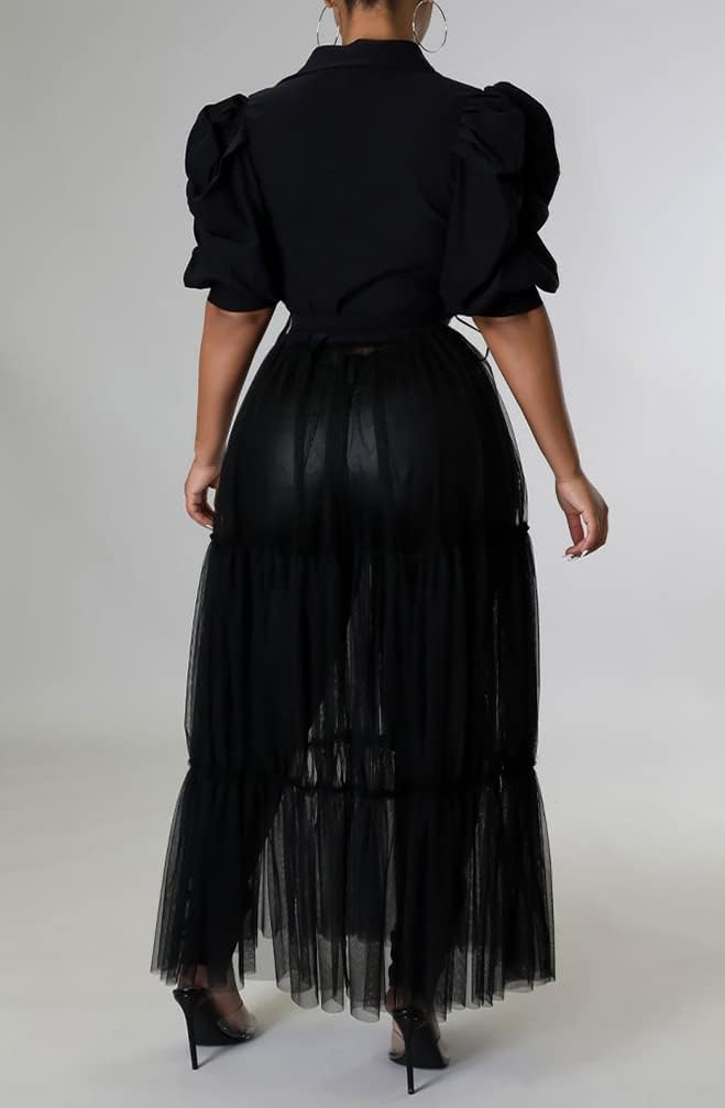 Choichic Women' Button Down Shirts High Waist Short Sleeve Sheer Mesh Patchwork Maxi Dress Long Shirts Tunics with Belt - Image 3