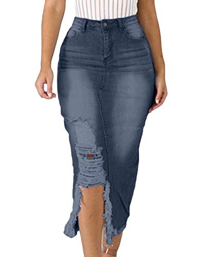ECDAHICC Women's Sexy Plus Size Blue Denim Skirt Distressed Ripped High Waisted Jean Split Bodycon Midi Skirts (LB-3XL)