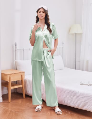 Image of Ekouaer Silk Satin Pajamas for Women Set 2 Piece Short Sleeve Button Up Pjs | Two Side Pockets,Soft Bridesmaid Lounge Set,Bridal Ruffle Sleepwear,Wedding Party,Honeymoon Vacation,Postpartum