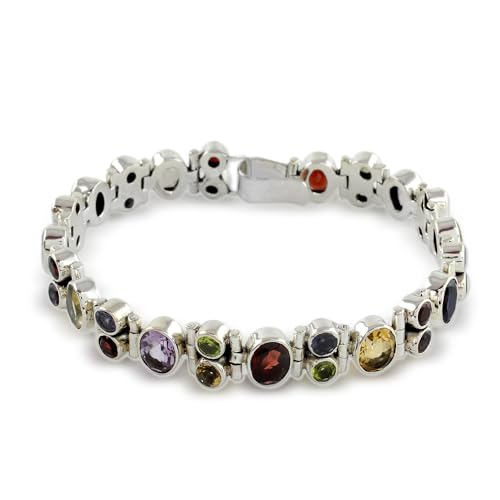 NOVICA Artisan Handmade Multigemstone Link Bracelet Sterling Silver Peridot Iolite Green Multicolor Purple Red Yellow India Birthstone [7.5 in L x 0.4 in W] ' Sparkle'