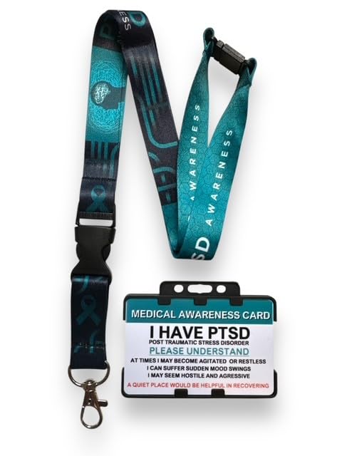 PTSD Medical Awareness Card, Matching Lanyard, Double-Sided Black ID Card Holder, Blue, 9 cm x 12 cm