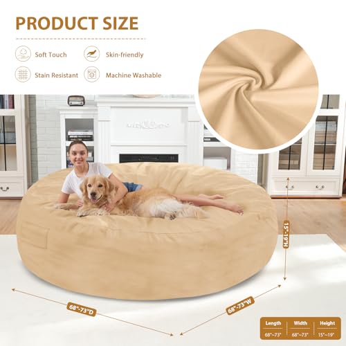 7FT Bean Bag Chair, Large Bean Bag Chairs with Memory Foam Filled, Fluffy Beanbag Sofa with Dutch Velvet Cover, Round BeanBag Chairs for Living Room, Playroom - Khaki
