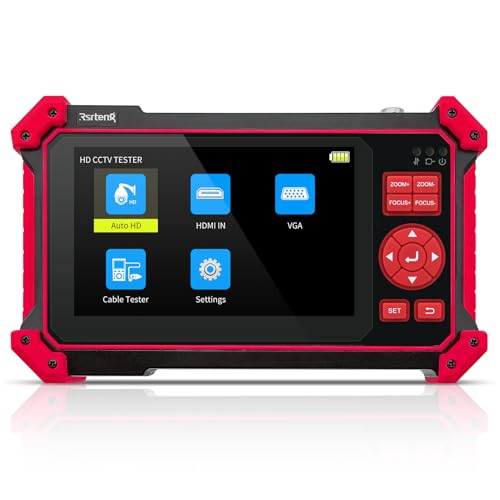 Rsrteng CCTV Tester Monitor Auto HD Coaxial Camera Tester 4K 8MP TVI/CVI/AHD/CVBS Video Monitor 5 inch TFT-LCD Screen Support Cable Tester HD VGA Input PTZ Control RS485 OSD Menu DC12V Power Output