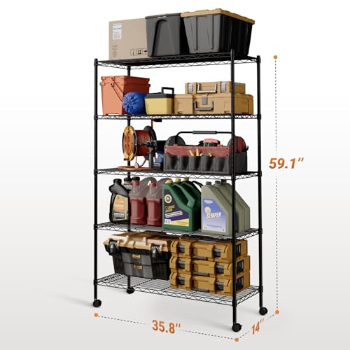 Image of Simple Deluxe Heavy Duty 5-Tier Storage Shelving Unit, 35.83 inch W x 13.98 inch D x 61.02 inch H, 1250 Lbs Loading Capacity, Black
