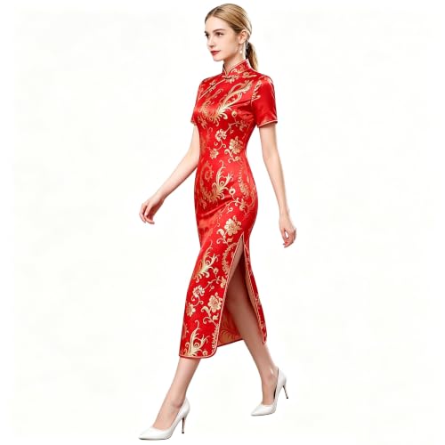 Chinese Women's Cheongsam Qipao Dress Slim Bodycon Exotic Long Split Dresses Wedding Costumes Gown Vintage Lunar New Year Formal Clothes Phoenix M