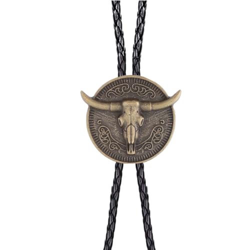 Image of GelConnie Longhorn Bull Bolo Tie for Men Native American Western Cowboy Leather Necktie Bolo Necklace for Women Gold Texas